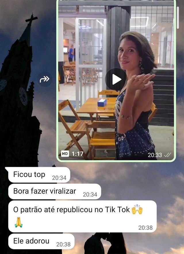 Print de conversa de WhatsApp: parceiro contando que o vídeo viralizou e até foi repostado pelo dono